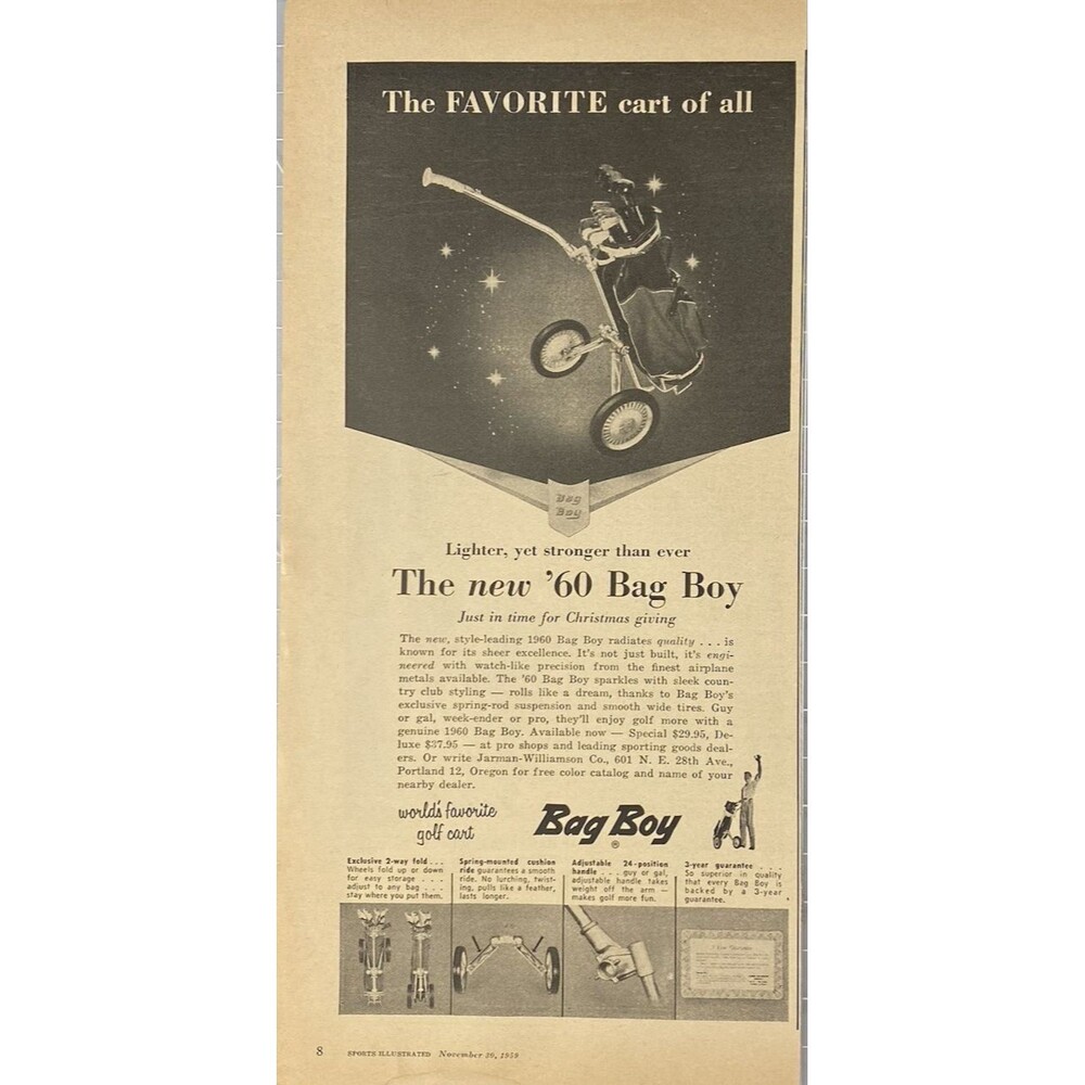 Bag Boy Golf Bags "Lighter yet stronger than ever" Vintage Print Ad 1959